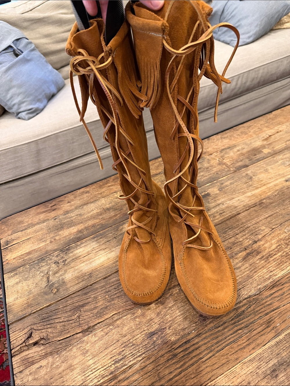 Minnetonka Tall Fringe Lace-Up Suede Boots - Chestnut